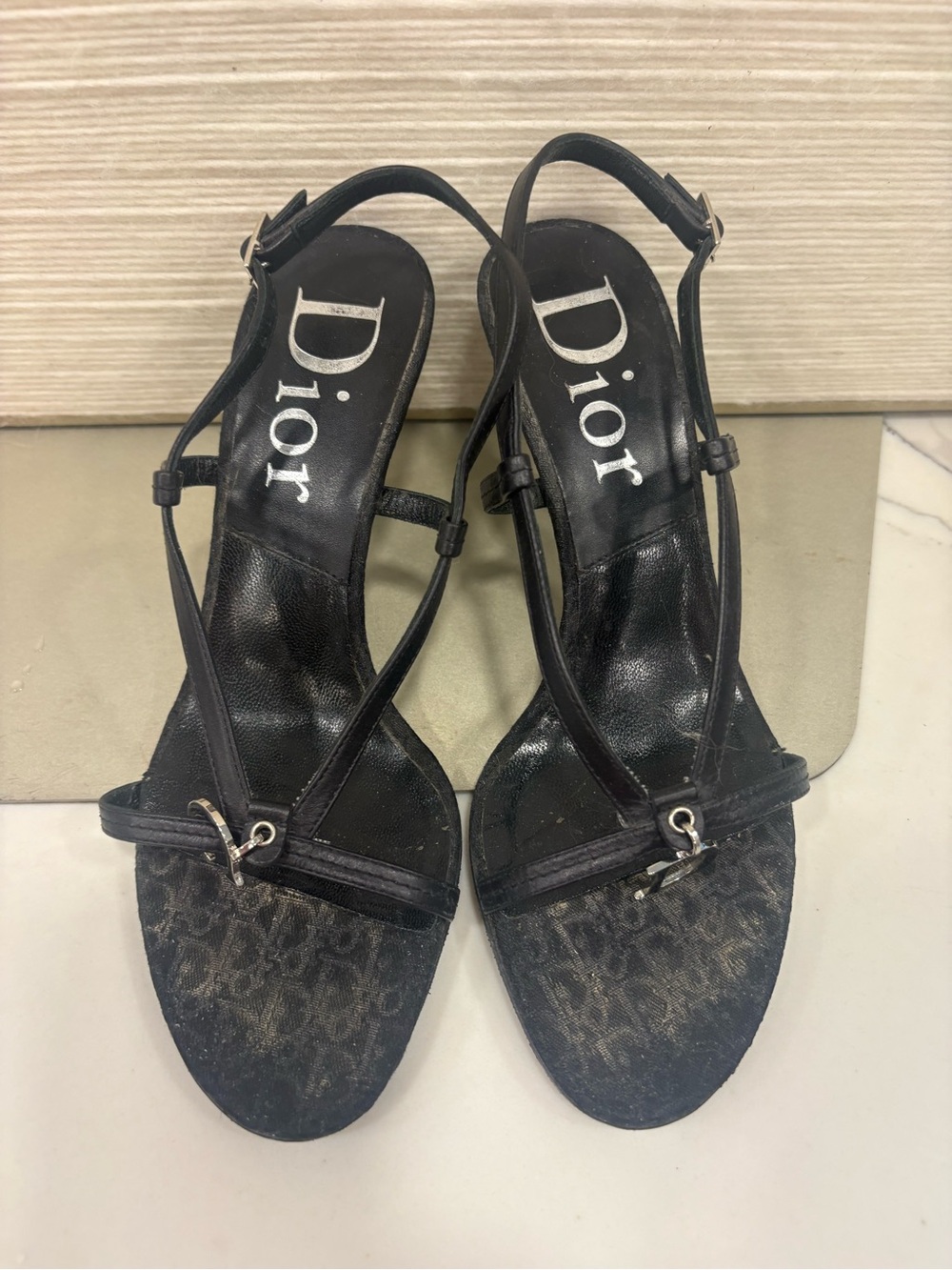 Dior Black Strappy Slingback Sandals with Silver Accents